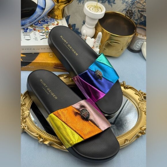🆕 KURT GEIGER LONDON 🧿 NWOT Meena Eagle Metallic Pool Slide - Size 41 US 10 - Picture 9 of 13
